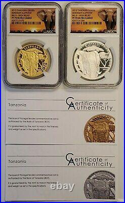 2015 Tanzania 2 Pc 1 oz Proof HR Gold & Silver Elephant Coins Set NGC PF70 UC