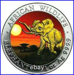 2016 100 Shillings Somalia AFRICAN ELEPHANT AT SUNSET 1 Oz Silver Gilded Coin