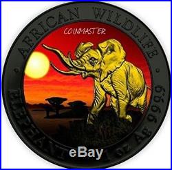 2016 1 OZ Silver ELEPHANT AT SUNSET Ruthenium Coin, 24K GOLD GILDED