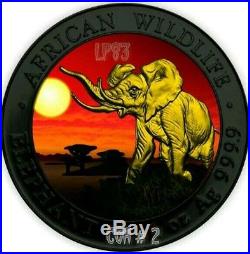 2016 1 Oz Silver ELEPHANT AT SUNSET Coin With RUTHENIUM N 24 Gold. COA #2 OF 200