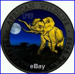 2016 1 Oz Silver SOMALIAN ELEPHANT AT NIGHT Coin WITH RUTHENIUM AND 24K GOLD