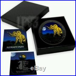 2016 1 Oz Silver SOMALIAN ELEPHANT AT NIGHT Coin WITH RUTHENIUM AND 24K GOLD