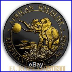 2016 1 oz 9999 Fine Silver Elephant Somalia Black Ruthenium & 24k Gold Gilded