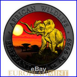 2016 1 oz Fine Silver Elephant Somalia African Sunset Ruthenium Box & COA