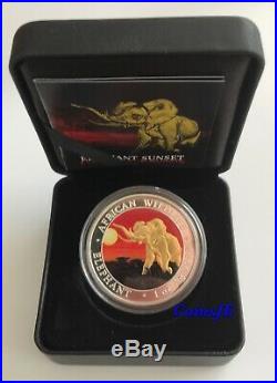 2016 1oz. 999 Somalia African Elephant Night Sunset Gold Gilded Silver Coin