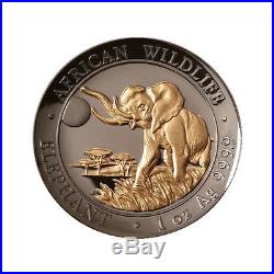 2016 1oz Golden Enigma Somalia Elephant High Relief Silver Coin 24K/Ruthenium