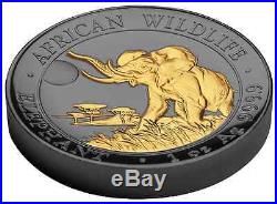 2016 1oz Golden Enigma Somalia Elephant High Relief Silver Coin 24K & Ruthenium
