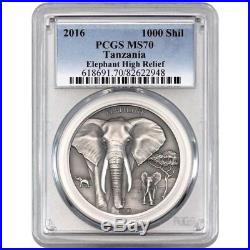 2016 1oz Tanzania Elephant High Relief Antiqued Silver Coin PCGS MS70