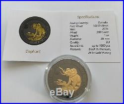 2016 1oz Wildlife African Elephant Ruthenium 24 Kt Gold Gilded Silver Coin
