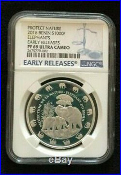 2016 Benin Silver 1oz Proof ELEPHANT NGC PF69UC Early Releases NGC top 4 coin