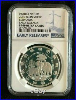 2016 Benin Silver 1oz Proof ELEPHANT NGC PF69UC Early Releases NGC top 4 coin