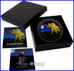 2016 ELEPHANT AT NIGHT Ruthenium 1 Oz Silver Gilded Coin