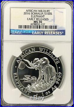 2016 SOMALIA ELEPHANT 1oz. Silver Coin NGC MS 70 EARLY RELEASES Perfect