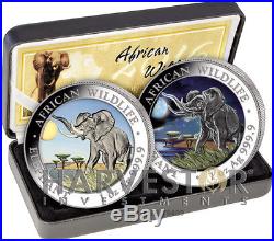 2016 Somalia Elephant Day And Night 2-coin Set 2 X 1 Oz. Coins Mintage 500