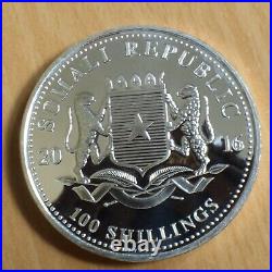 2016 Somalia 100 Schillings Elephant Silver 99.9% 1oz Silver Coin + Zip
