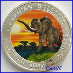2016 Somalia Elephant African Wildlife 1 Oz 999.9 Colorized Silver Coin