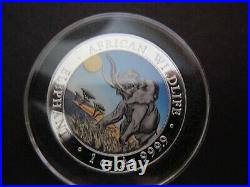 2016 Somalia Elephant African Wildlife 1 Oz Color Pure Silver BU Coin Day