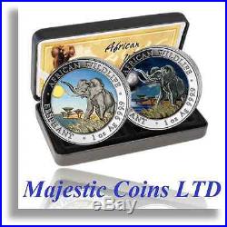 2016 Somalia Elephant Silver Night & Day Official Colorized 2 Coin Set Majestic