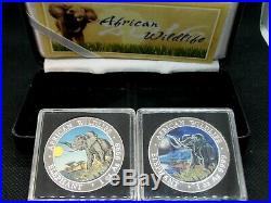 2016 Somalian ELEPHANT DAY & NIGHT Colorized Silver (2 Coin) AFRICAN WILDLIFE