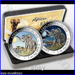 2016 Somalian ELEPHANT DAY & NIGHT Colorized Silver 2 Coin Set AFRICAN WILDLIFE