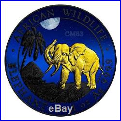 2017 1 Oz Silver AFRICAN ELEPHANT AT NIGHT Coin With RUTHENIUM and 24 Gold Gilded
