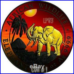 2017 1 Oz Silver AFRICAN ELEPHANT AT SUNSET Coin With RUTHENIUM N 24 Gold. COA # 1