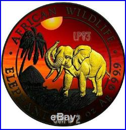 2017 1 Oz Silver AFRICAN ELEPHANT AT SUNSET Coin With RUTHENIUM N 24 Gold. COA #2