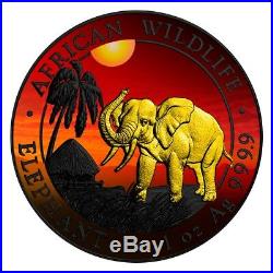 2017 1 Oz Silver AFRICAN ELEPHANT AT SUNSET Ruthenium Coin WITH 24K GOLD