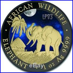 2017 1 Oz Silver ELEPHANT AT NIGHT Coin WITH RUTHENIUM AND 24K GOLD GILDED