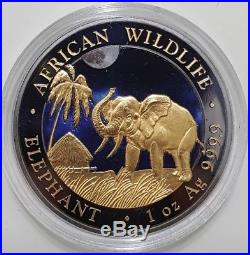 2017 1 Oz Silver ELEPHANT AT NIGHT Coin WITH Ruthenium N GOLD, Box And Coa
