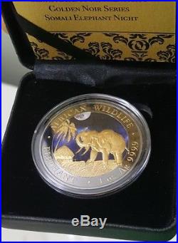 2017 1 Oz Silver ELEPHANT AT NIGHT Coin WITH Ruthenium N GOLD, Box And Coa