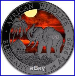 2017 1 Oz Silver ELEPHANT AT SUNSET Coin WITH 24K BLACK RUTHENIUM