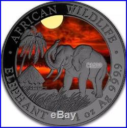 2017 1 Oz Silver ELEPHANT AT SUNSET Coin WITH Ruthenium, Box And Coa