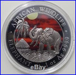 2017 1 Oz Silver ELEPHANT AT SUNSET Coin WITH Ruthenium, Box And Coa