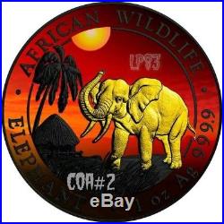 2017 1 Oz Silver ELEPHANT AT SUNSET Ruthenium Coin, 24K GOLD GILDED. COA #2
