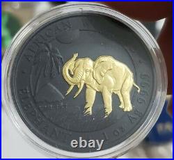 2017 1 Oz Silver GOLDEN ENIGMA SOMALIAN ELEPHANT Ruthenium Coin, 24K GOLD GILDED