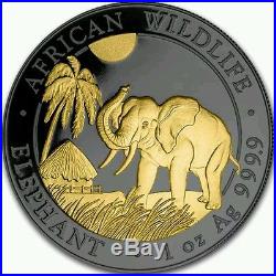 2017 1 Oz Silver Somalia Elephant Ruthenium plated, Gold Gilded Coin