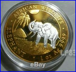 2017 1 Oz Somalia Elephant 24K Gold Gilded. 999 Fine Silver Coin, Two Tone