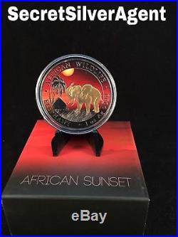 2017 1 oz Fine Silver Elephant Somalia African Sunset 24K Ruthenium Box & COA