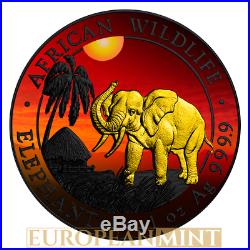 2017 1 oz Fine Silver Elephant Somalia African Sunset 24k Ruthenium Box & COA