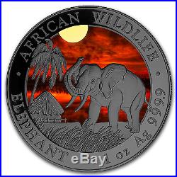 2017 1 oz Silver Somali Elephant SUNSET Coin-Colored Ruthenium Plated, Box & COA