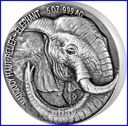 2017 5000 Francs ELEPHANT Big Five Mauquoy Antique Finish 5 Oz Silver Coin