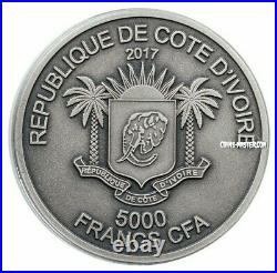 2017 5 Oz Silver 5000 Francs ELEPHANT Big Five Mauquoy Antique Finish Coin