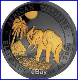 2017 5oz Golden Enigma Somalia Elephant Silver Coin with Black Ruthenium + Gold