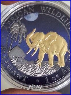 2017 AFRICAN ELEPHANT at NIGHT GOLD OVER RUTHENIUM PROOF SILVER ONLY 200 MINTED