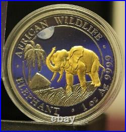 2017 African ELEPHANT AT NIGHT 24k Gold Gilded 1oz. 999 Silver Somalia Coin