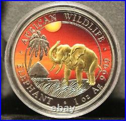 2017 African ELEPHANT AT SUNSET 24K Gold Gilded 1oz. 999 Silver Somalia Coin
