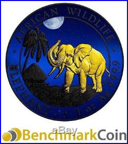 2017 African Night Somalia Elephant Silver Coin Ruthenium + Gold Plating