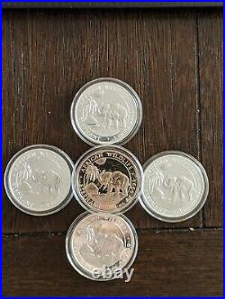2017 African Wildlife Elephant Silver Coins 1 Oz. 9999 Somalian lot of 5
