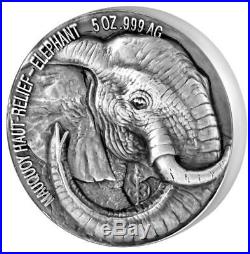 2017 Ivory Coast 5 Ounce African Big 5 Elephant Mauquoy High Relief Silver Coin